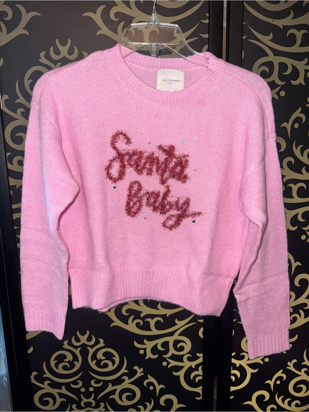 No Comment Girls' Pink 'Santa Baby' Embellished Crewneck Sweater